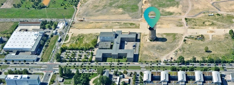 Luftbild Adlershof mit Blick auf den Kühlturm